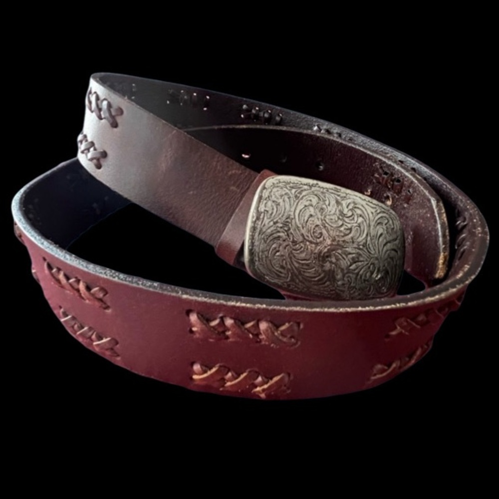 Brown Leather Belt with Silver Buckle Adjustable 32”-38”.